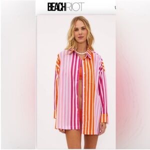 Beach Riot Alexa Pink & Orange Striped Button-Up Shirt Cover Up L/P